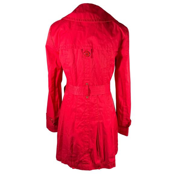 Y2K Kenneth Cole Red Belted Trench Coat Gold Accents Women's Small Retro Chic - Picture 2 of 9